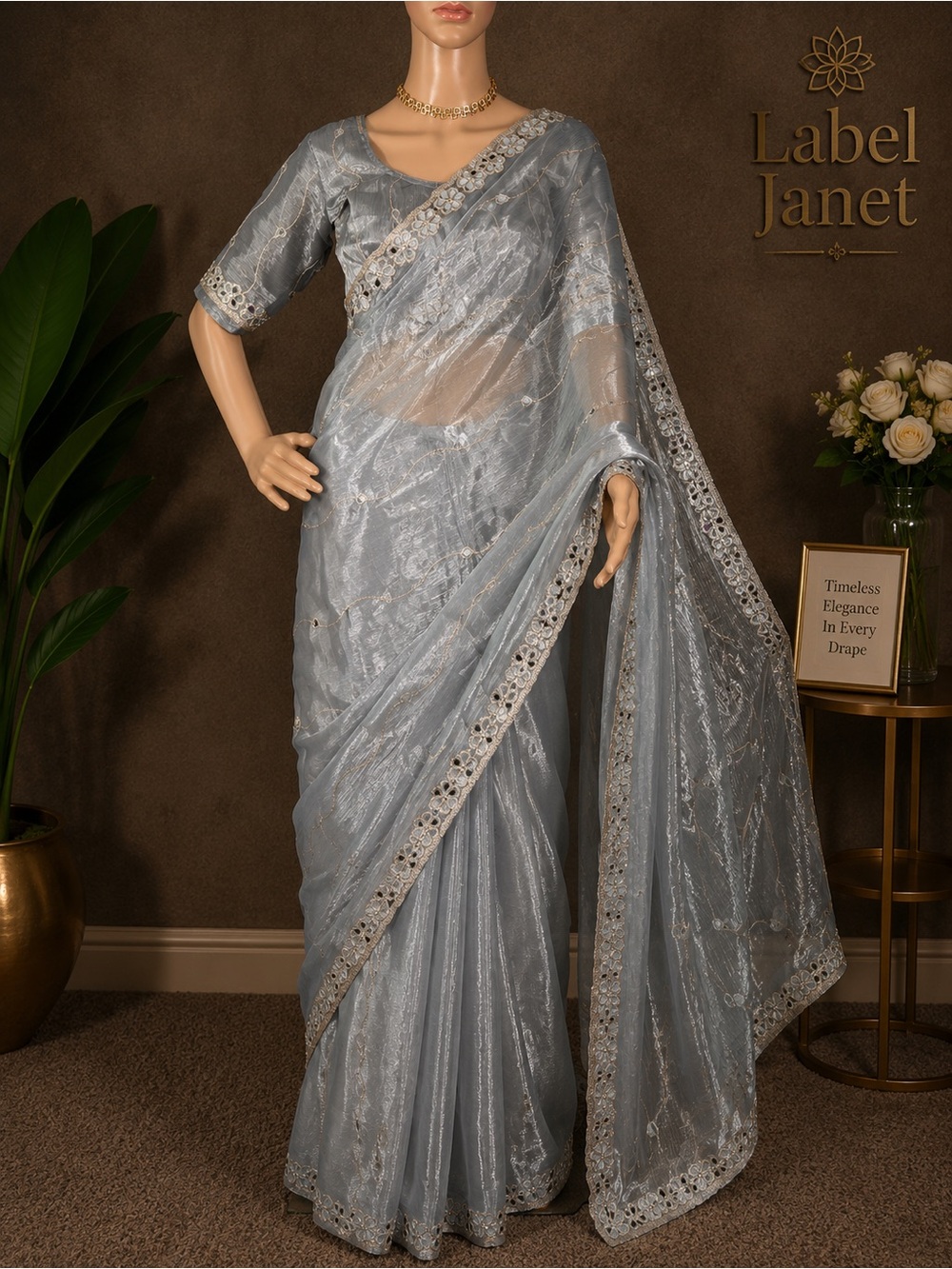 Sheer Silver-Gray Saree with Embellished Border (Brand New)
